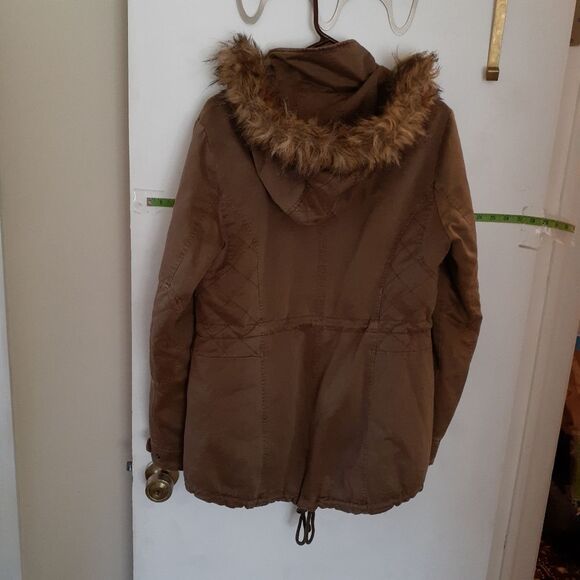 Guess coat tan brown utility anorak fall winter jacket l cotton canvas parka - Picture 2 of 15